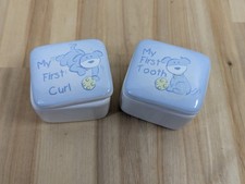 Pair My First Tooth My First Curl Porcelain Bear Box Baby Keepsake Blue Dog