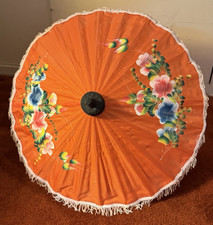 Japanese Hand Painted Child's Fabric Parasol 1950s Bamboo Spines Wooden Handle