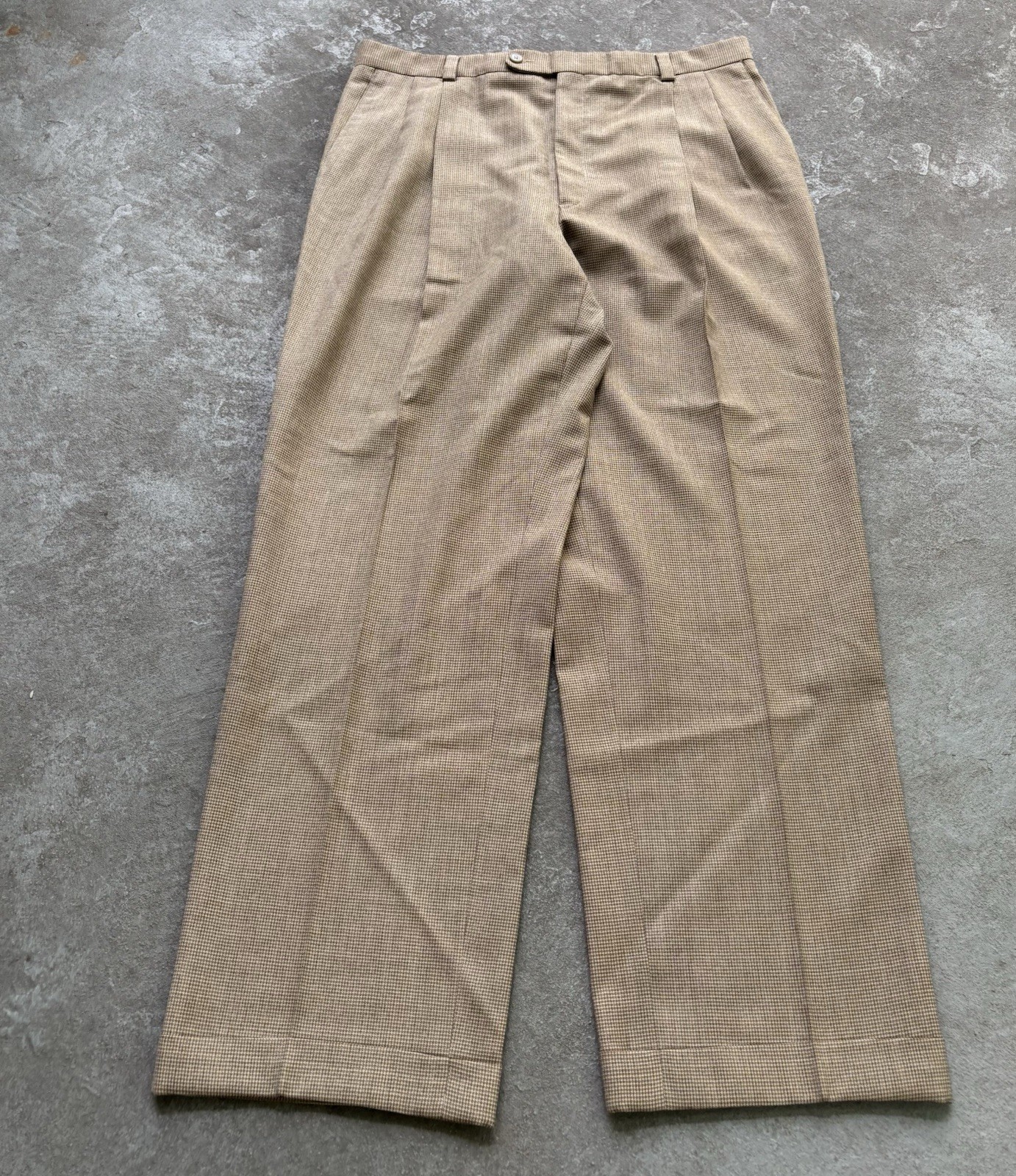 Vintage Relaxed Fit Pleated Tan Dress Pants 35x32 USA Made 9 Inch Cuff