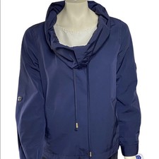 St. John Women's Cowl Neck Roll-Up Sleeve Lightweight Rain Jacket Blue Size XL