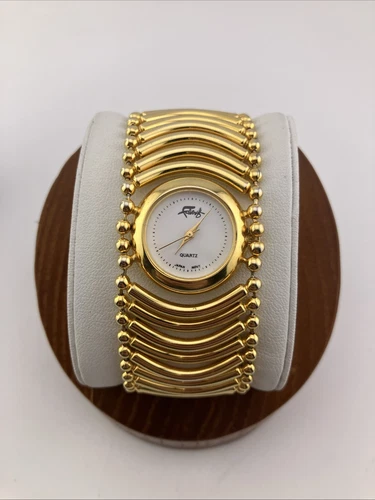 Vtg Faberge Ladies 30mm Dress Watch G Tone Wide Tube Band 6.5"   RUNS