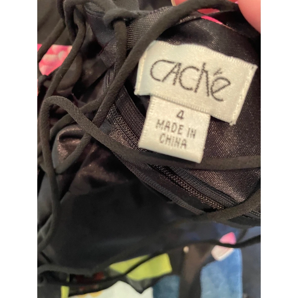 Vestido Halter Cache Vintage Y2k Seda Talla 4 Floral Negro Rosa Amarillo Con Cordones Espalda Foto 3 de 4