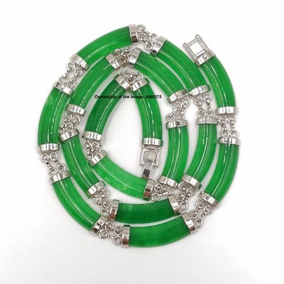New Heated Green Jade 8mm Rectangle Bead White Plated Neacklace 20inch For Her