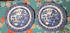 TWO Churchill Made in Staffordshire England Blue Willow Dinner Plates 10.25"