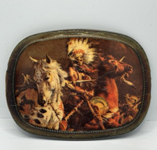 Vtg 1970's Native American Chief in a Headdress Horse Southwestern Belt Buckle