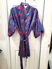 Vintage Inner Most Satin Kimono Robe Mid Length Womens Small Purple Pink Floral