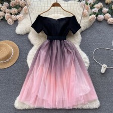 Lady Off Shoulder Mesh Dress Belted Tunic Gradient Color Fairy Prom Princess New