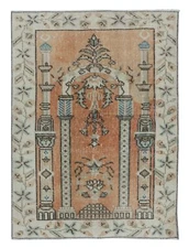 3x3.8 Ft Vintage Prayer Rug in Soft Red & Beige, Handmade Turkish Small Rug