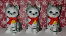 3 Vintage Gray Striped Kittens Wearing Red Bows Porcelain Figurines Ornaments