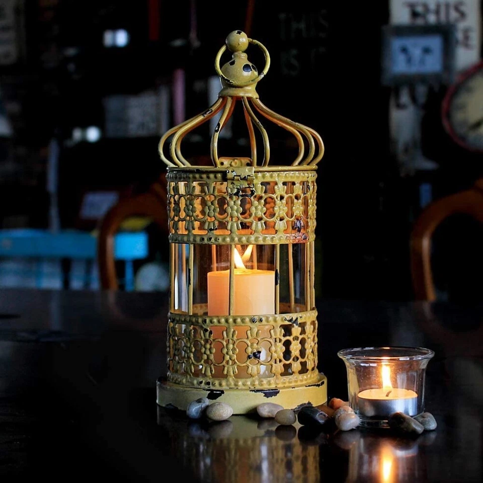 Linterna de vela estilo jaula de pájaros vintage, linterna decorativa linterna de vela de metal H Foto 4 de 4