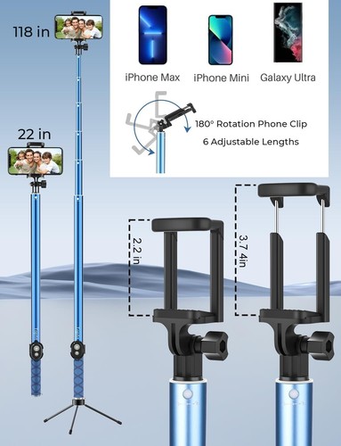Long-Lasting 118'' Selfie Stick Tripod - Lightweight with Slip-Resistant Grip - Photo 8 sur 9