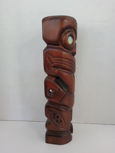 Wood Carved Tiki Abalone Shell Eyes Made In New Zealand Over 10 Inches Tall - Picture 3 of 10