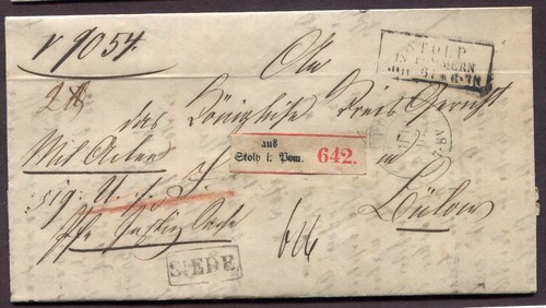 GERMANY POLAND 1867 REGISTERED STAMPLESS FL STOLP(SLUPSK) TO BUTOW W/ CONTENTS