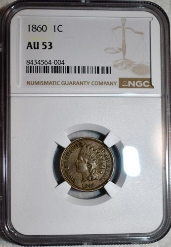 NGC AU-53 1860 Pointed Bust Indian Head Cent, Richly Hued, Tough Variety.