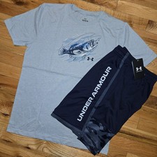 Under Armour Boys Bass Fish Shirt Short Set Blue Navy Size YLG YXL NEW