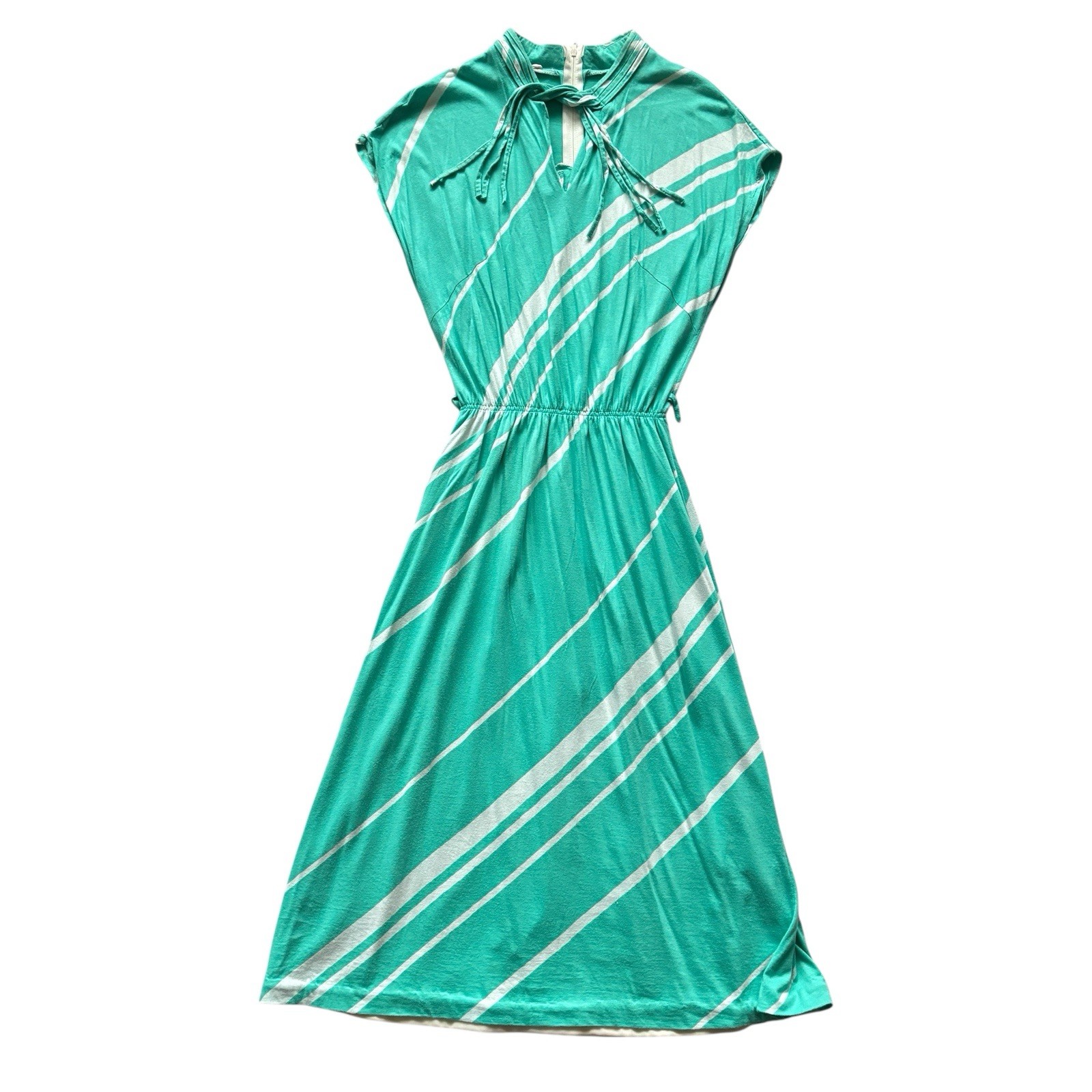 Vintage 80s Dress Aqua Green White Striped Midi Retro Indie Boho 8 image 2