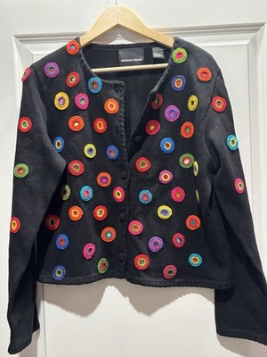 Vintage 90s Michael Simon Cardigan L Black Rainbow Crochet Circle Art Sweater