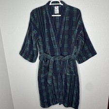VTG 90s Puritan Terry Cloth Robe OS Plaid Green Blue Plaid Lounge Cozy Dad Core