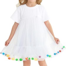 Toddler Girl Tutu Short Sleeve Party Tulle Dress Colorful Pom poms 100 3T/4T
