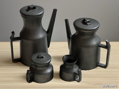 VTG Royal Holland KMD Tiel Pewter Coffee Tea Set MCM Modernist Matte Black Metal