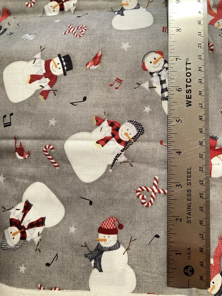 Snowmen Red Black Scarves on Grey Musical Notes Snowy Wishes J Pugh Fabric 23" - Image 2 of 3