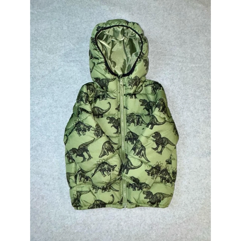 The Childrens Place Kids Puffer Jacket 4T Green Dinosaur Print Hooded Polyester - Image 2 of 4