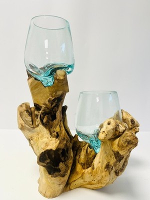 Schale aus geschmolzenem Glas auf Holzwurzelständer 30-35 cm | Dekoschale | rustikal