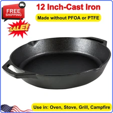 Lodge 12" Inch Seasoned Cast Iron Skillet Dual Assist Handles Oven Grill Black