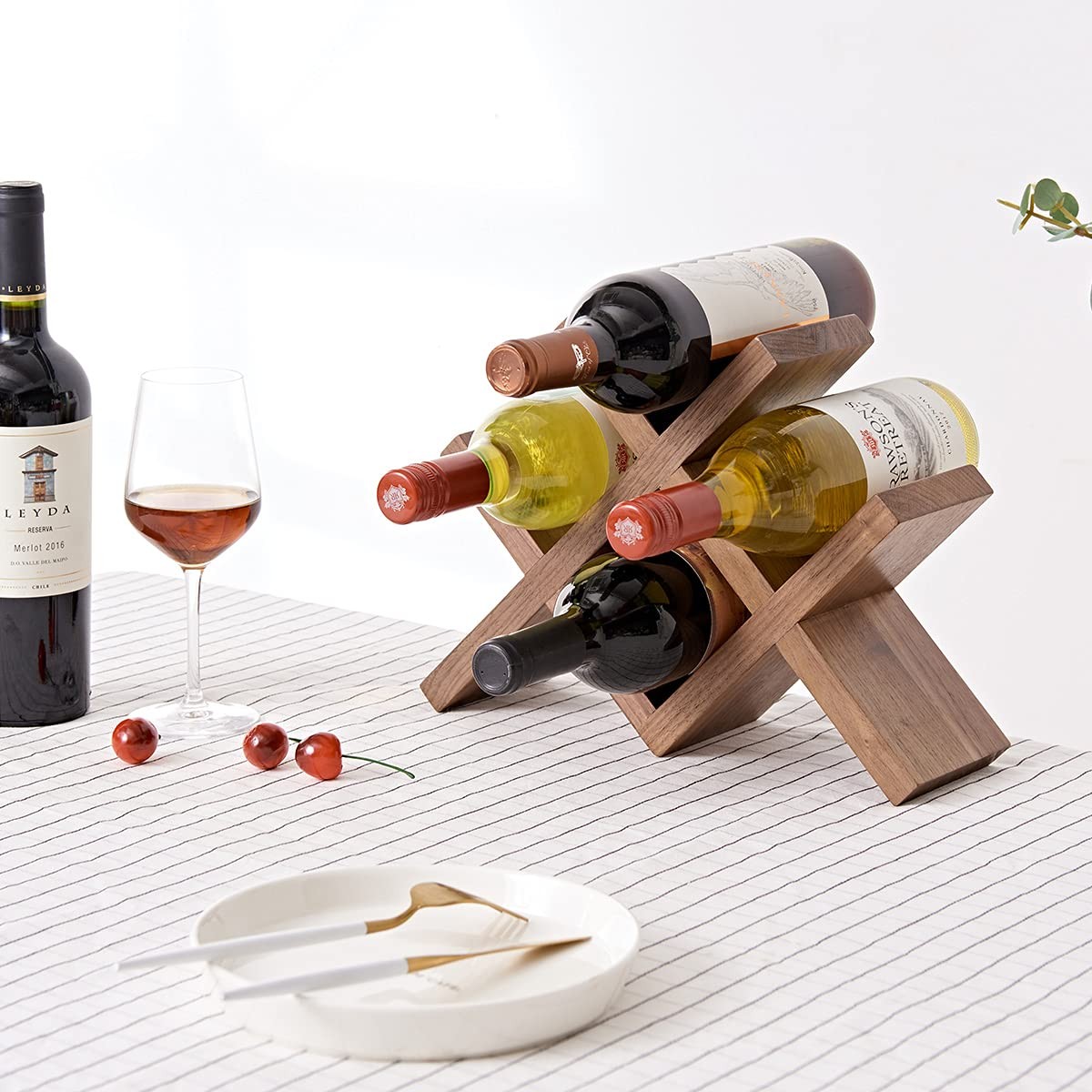 Walnut Wood Wine Storage Rack Countertop 4 Bottle Free Standing Shelf Organizer