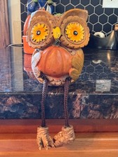 Vintage  Brown Owl Big Eyes w/Legs Holding Pumpkin  Cute Shelf Sitter  MCM