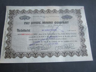 1925 PAY DIVIDE MINING COMPANY Stock Certificate NEVADA