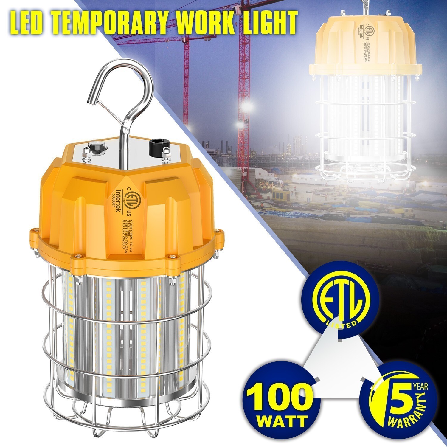 Portable LED Temporary Work Light 100W Industrial Construction Hanging Lamp Plug