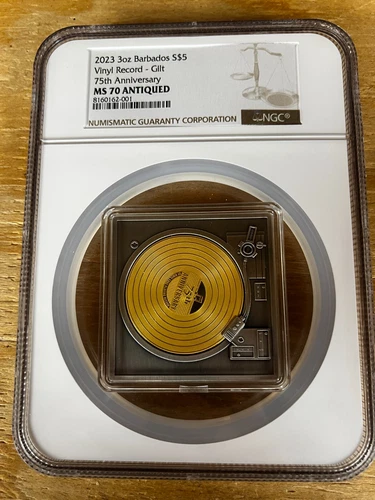 3oz 2023 Barbados Vinyl Record Gold Gilt 75th Anniversary NGC MS70 Antiqued