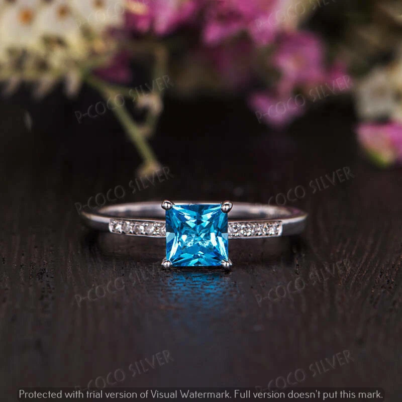 2 Ct Princess Cut Blue Topaz Solitaire Engagement Ring In 14K White Gold Finish