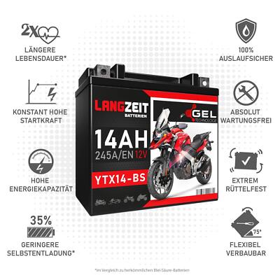 Langzeit YTX14-BS Motorradbatterie GEL 12V 14Ah 51214 CTX14-BS