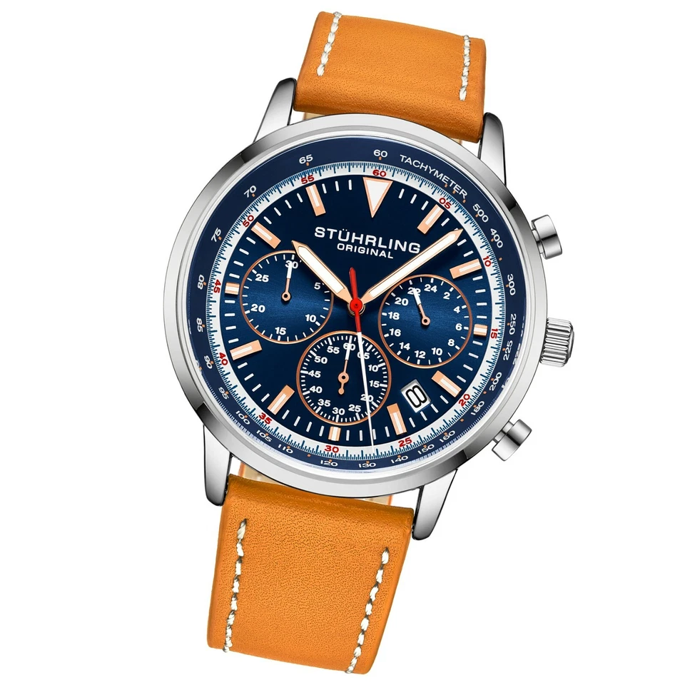 Relógio masculino Stuhrling 44 mm movimento muscular cronógrafo 9,5 mm pulseira de couro - Imagem 2 de 3