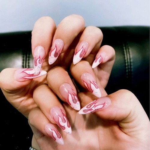 24pz Unghie Finte Fiamma Nera Extra Lunghe Copertura Completa Unghie Finte con Colla Nail Art - Foto 11 di 25