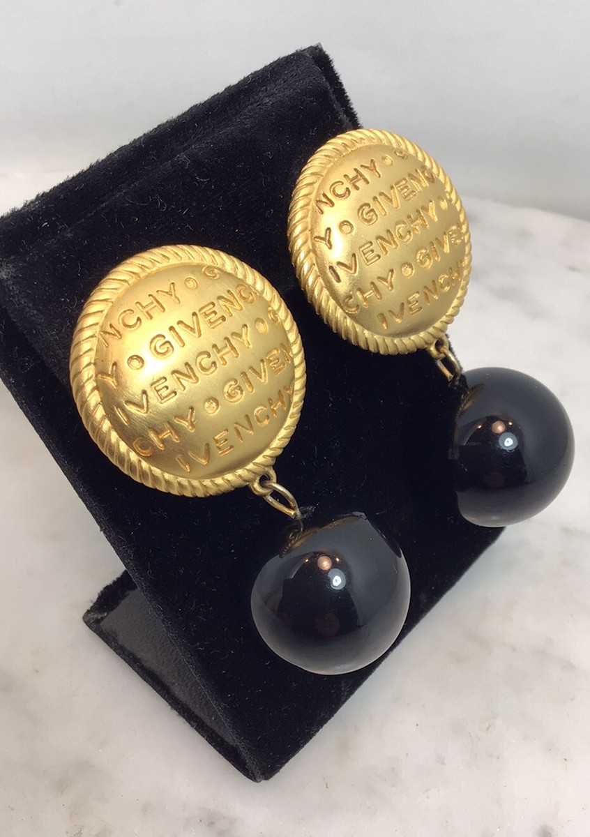 Vintage GIVENCHY Gold Tone Dangle Black Stone Clip On