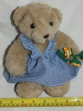 Russ Beige Teddy Bear Sunflower bouquet blue white check Dress Blossom tush tags