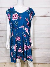 Torrid Womens Dress Size 3 Teal Floral V-Neck Elastic Waist Sleeveless