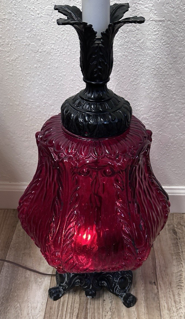 Vintage Lamp Mid Century Modern Red Glass Table with Night Light 1960's Metal