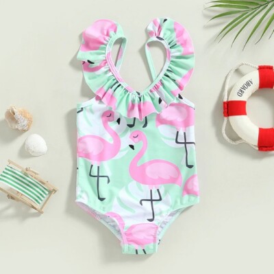 NEW Girls Flamingo Blue Ruffle Swimsuit Bathing Suit 18M 2T 3T 4T 5T