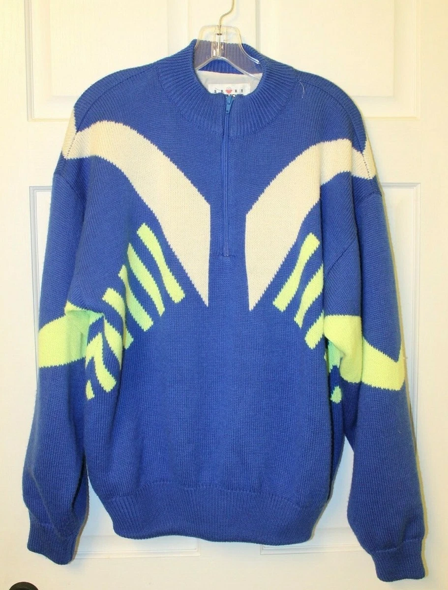 VTG Obermeyer Ski Sweater Men s L Abstract 80s Blue Lined Wool