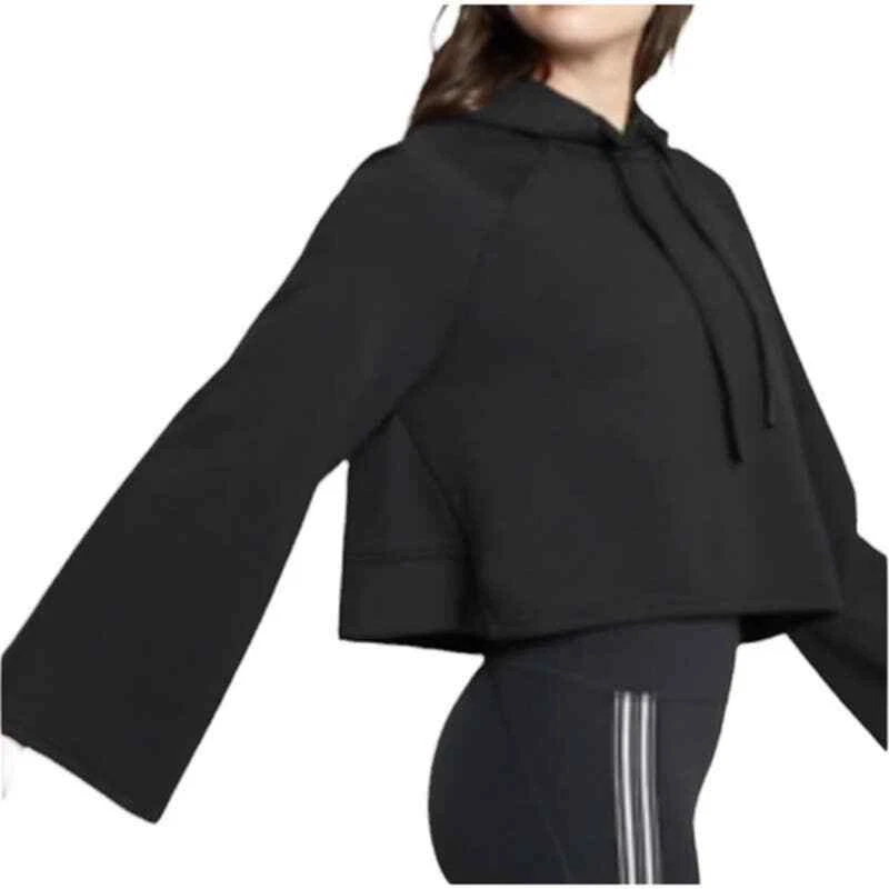 Athleta Steady State Bell Sleeve Sweatshirt XS Black Crop Top Hoodie EUC