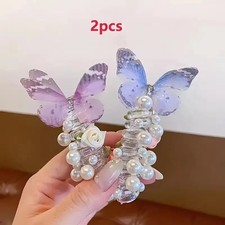 Hair Accessories - Girls Butterfly Clips with Pearl & Floral Design - 2 Pcs