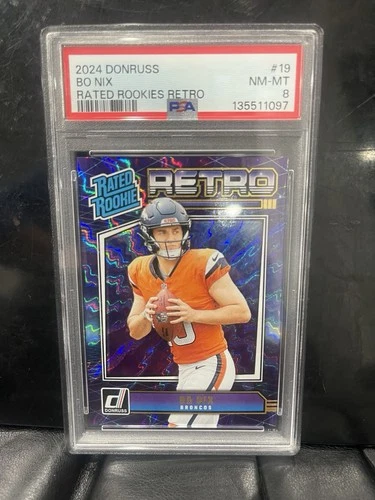 2024 Panini Donruss Rated Rookie Retro Bo Nix #19 (RC) PSA 8 Broncos