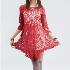 Free People Red Floral Mesh Lace Mini Dress Size 6