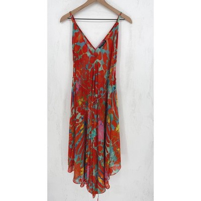 Venus Dress Swim Cover Sheer One Size Red Abstract Floral Flowy Resortwear Boho