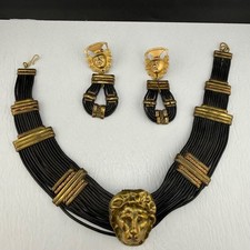 Vintage Les Bernard Lion Big Cat Collar Necklace Leather Clip On Earrings   17?