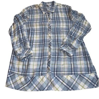 J Jill Shirt Womens Petite Large Button Up Blouse Top Plaid Long Sleeve Viscose